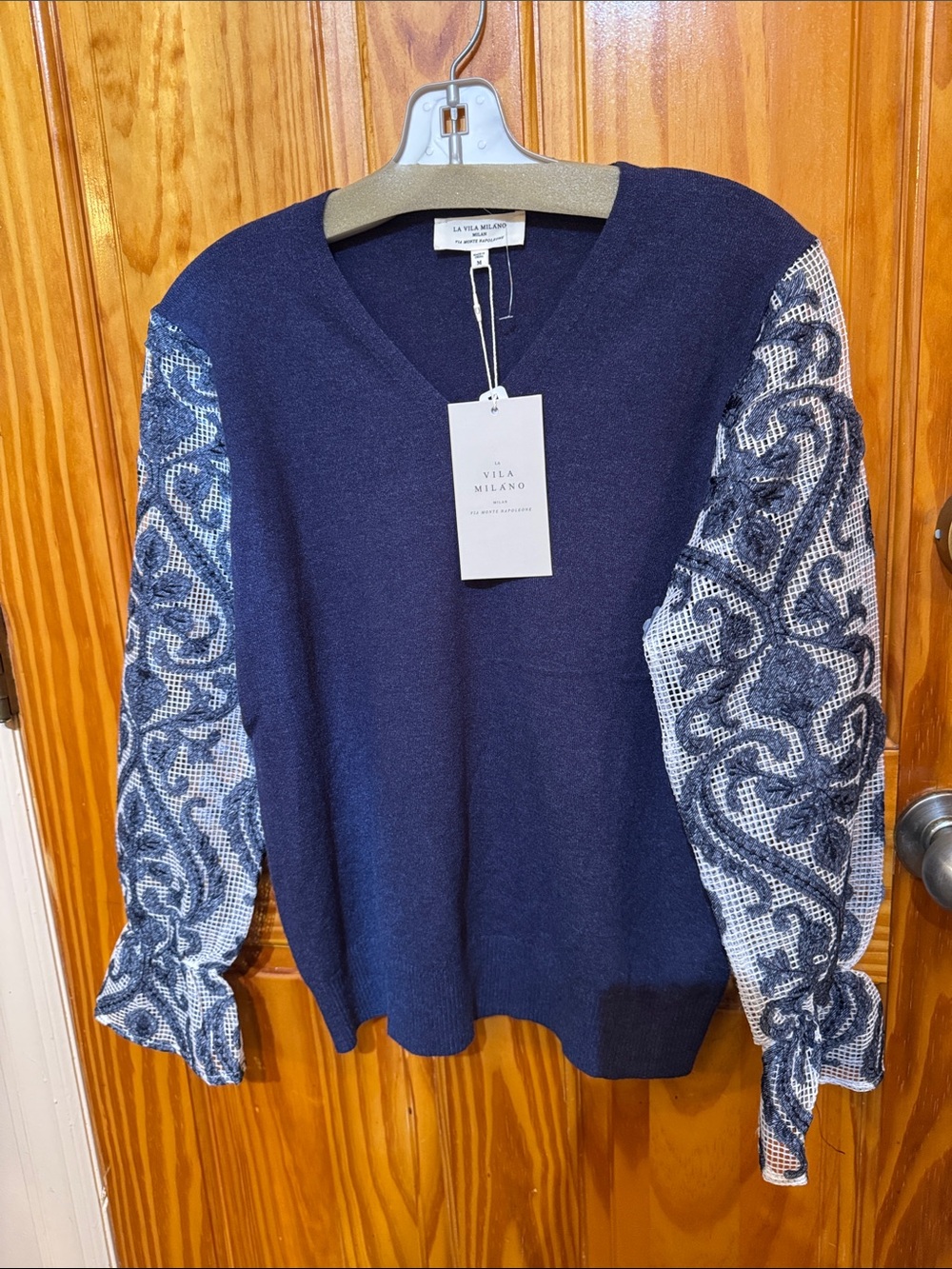 Navy V-Neck Sweater with Patterned Sleeves